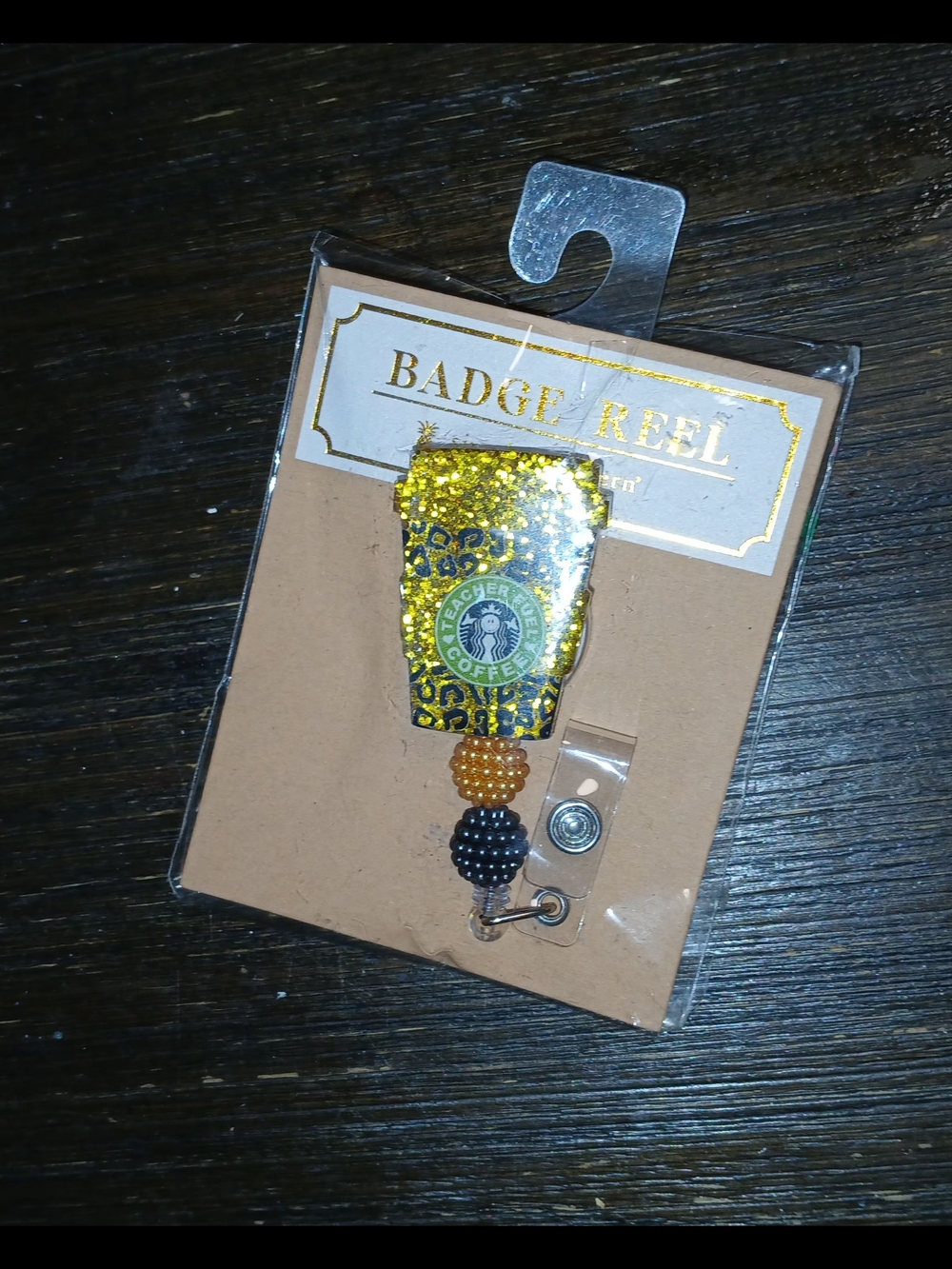 Gold Glitter Badge Reel with Beaded Accent
